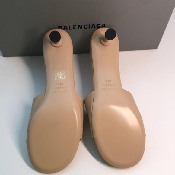 New Authentic Balenciaga BB Logo Leather Mules – Nude/Beige - Picture 8 of 11